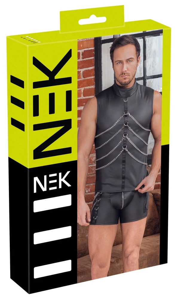 Mattlook Shirt von NEK – ärmellos, enganliegend und betont sexy mit Fesselringen vorne und hinten, abnehmbaren Karabinerketten und Stehkragen mit Druckknopfverschluss für einen heißen Bondage-Look