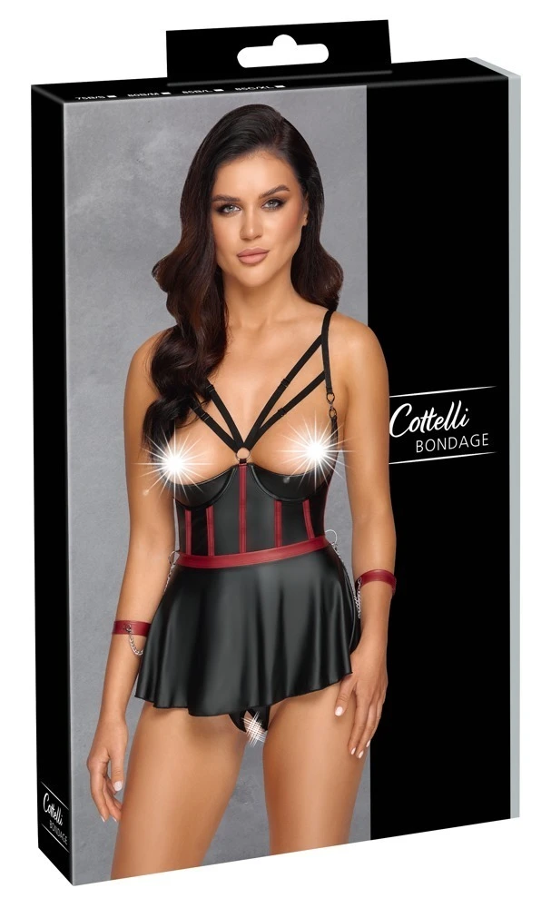 Cottelli Bondage Ouvert Set Longline Hebe mit Bügel Cups String ouvert Armfesseln im schwarzen Mattlook mit Volant