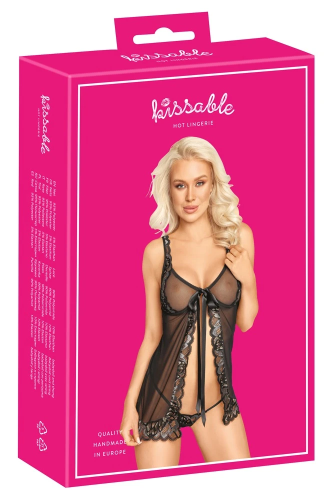 Babydoll und String aus Feinem Powernet im Mix mit Effektspitze mit String