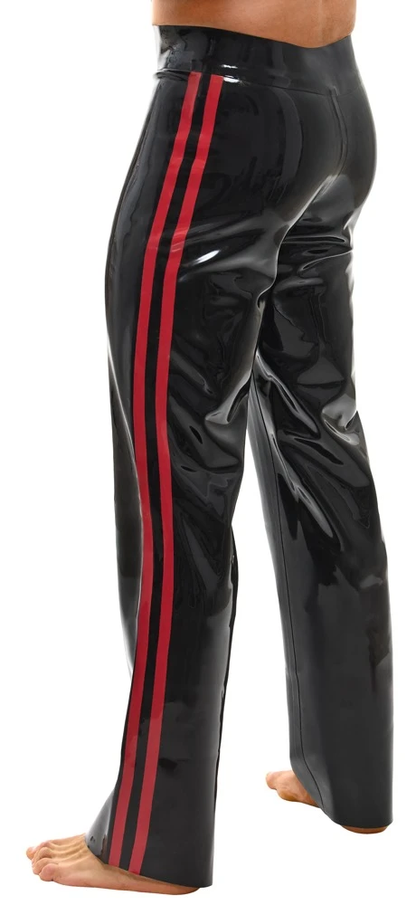 Latex-Hose Bootcut Schwarz-Rot im Kinky Racing-Look mit Seitenstreifen aus Premium-Latex für einen kraftvollen glänzenden Auftritt – LateX