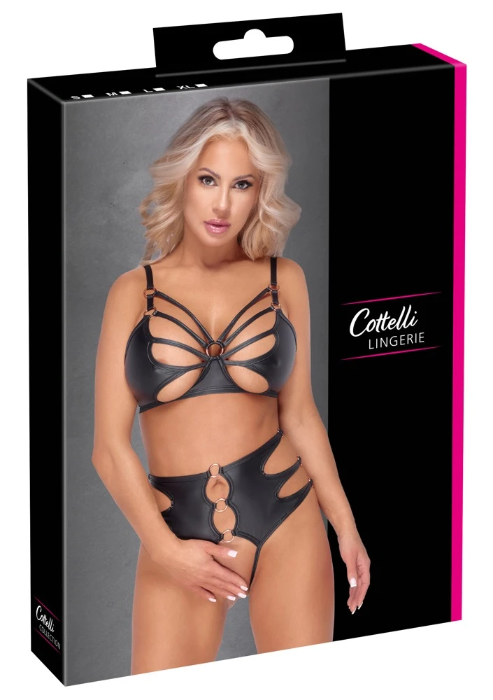 Cottelli LINGERIE Stretch Wetlook BH Ouvert Slip Set Ringe und elastischen Riemchen