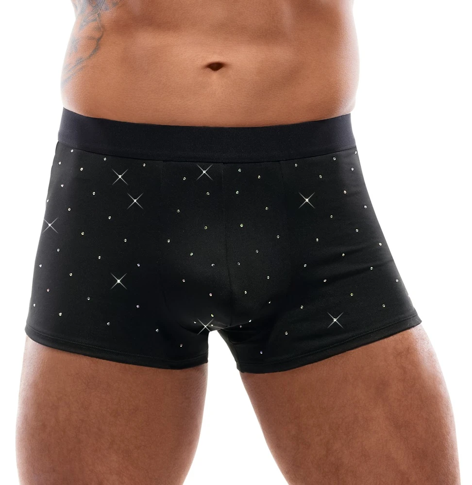 Enge, betonende Pants von Svenjoyment aus schwarzer Mikrofaser, vorne mit schillernden Strass-Steinchen besetzt.