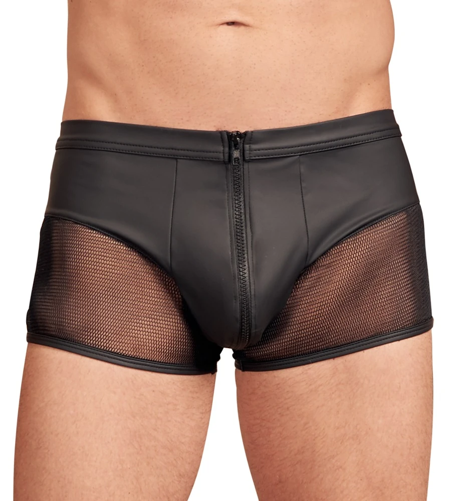 Schwarze Pants von NEK im betonenden Mattlook mit transparenten Netz-Einsätzen am vorderen Bein.