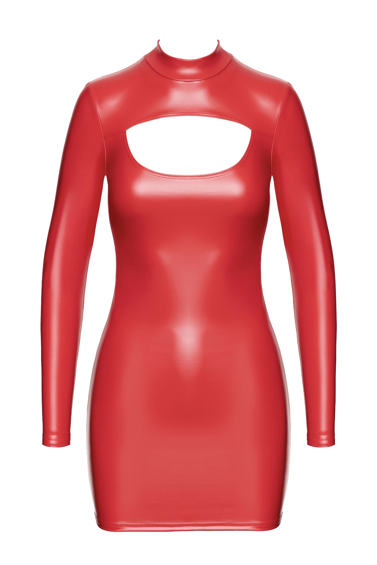 Minikleid Kinky Bombshell Bodycon aus rotem Powerwetlook mit Schlüsselloch-Ausschnitt, langem Ärmel, Stehkragen und verdecktem Reißverschluss – figurbetontes Statement-Piece von Noir Handmade F367