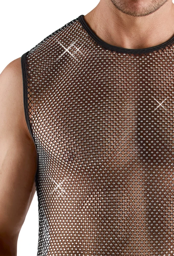 Provokantes Herren-Netzshirt in transparenter Schwarz-Optik mit funkelnden Glitzersteinchen und sinnlichem Wetlook-Flair von Svenjoyment