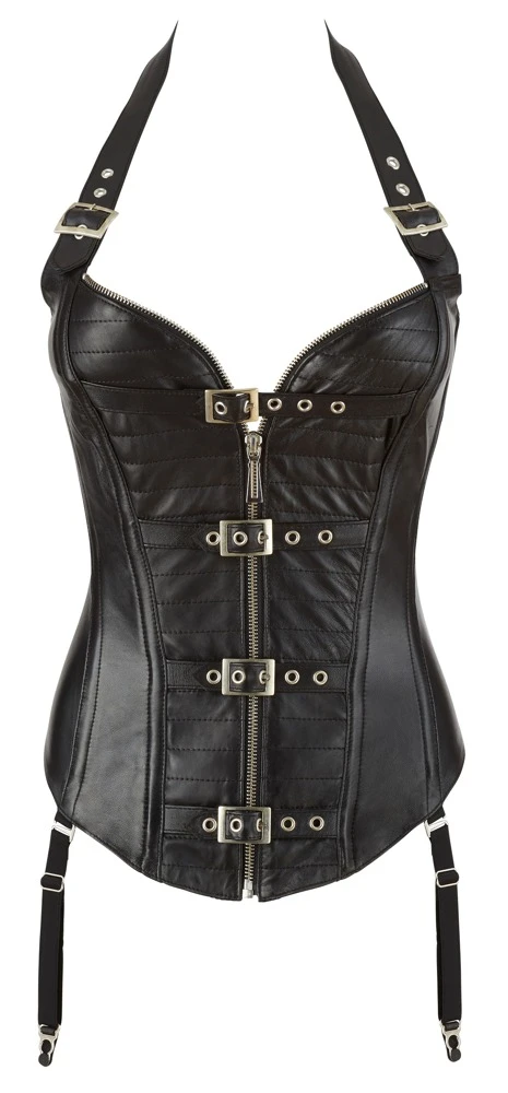 Corsage von ZADO aus Lammnappa-Leder mit Steppung im Biker-Style und Taillenband. In der Front mit durchgehendem Reißverschluss und Schnallen.