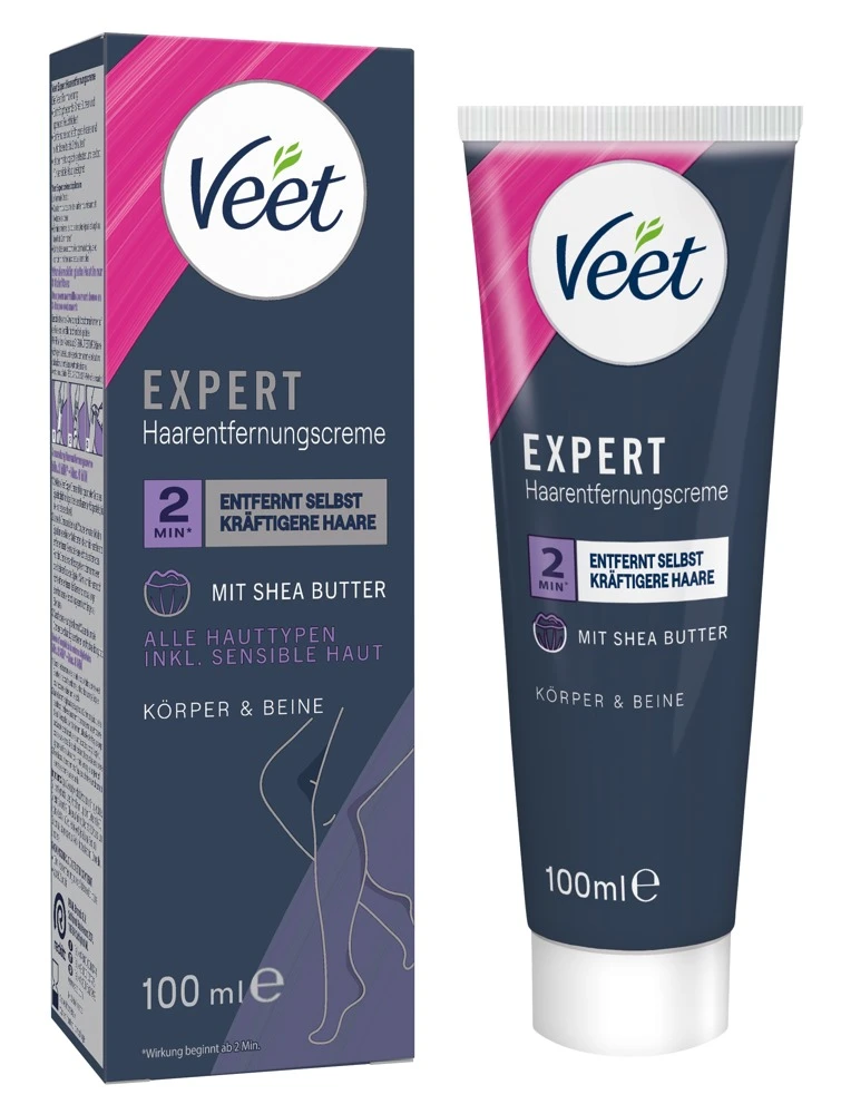 Veet EXPERT Enthaarungscreme für Beine und Arme entfernt selbst kräftige Haare ab 2 Minuten, mit Shea Butter für bis zu 48 h glatte und gepflegte Haut 100ml