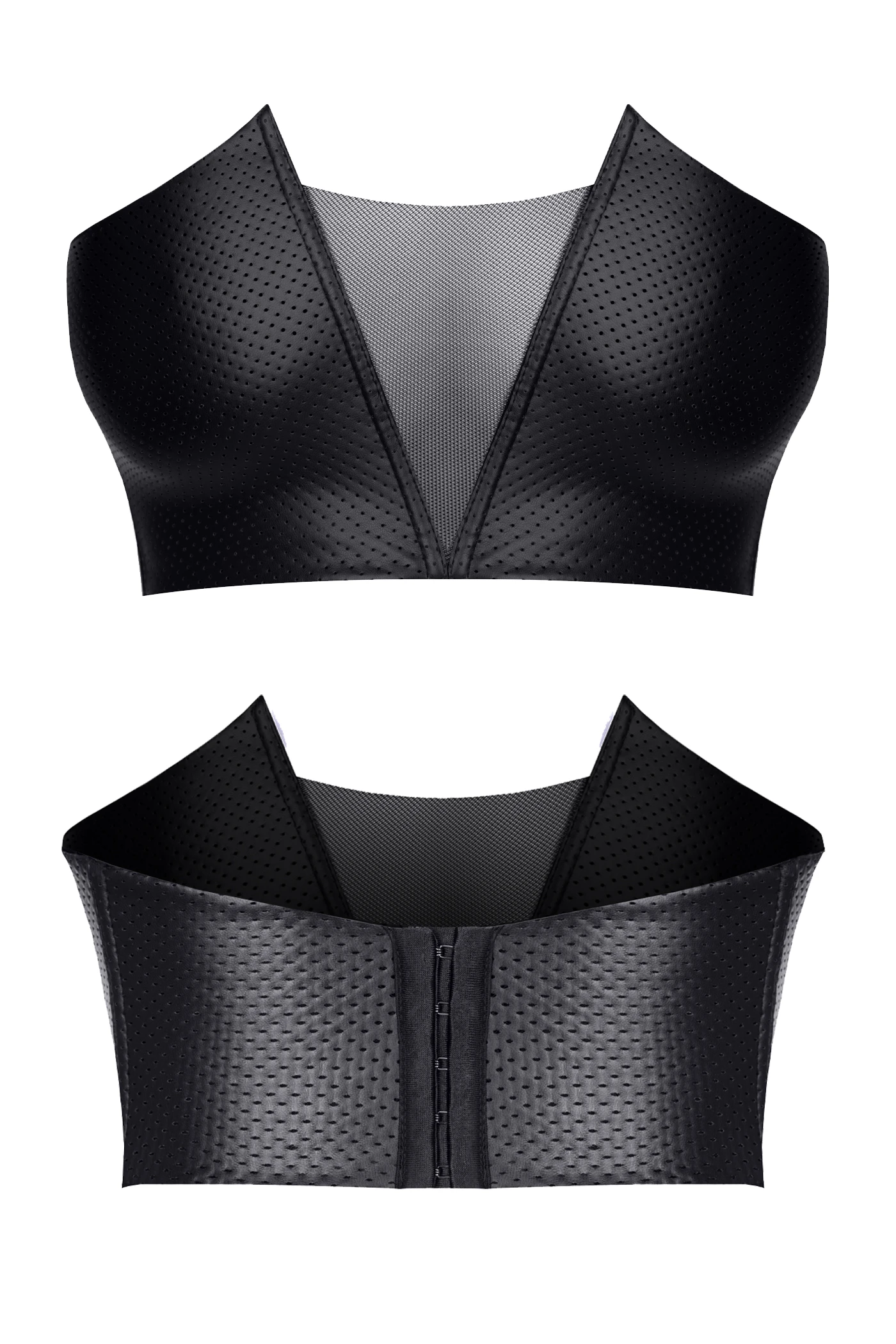 Einzigartiges Top aus perforiertem Kunstleder mit Netzdekolleté und verstellbarem Hakenverschluss.Schwarzes Damen-Top TDHilda001 von Demoniq