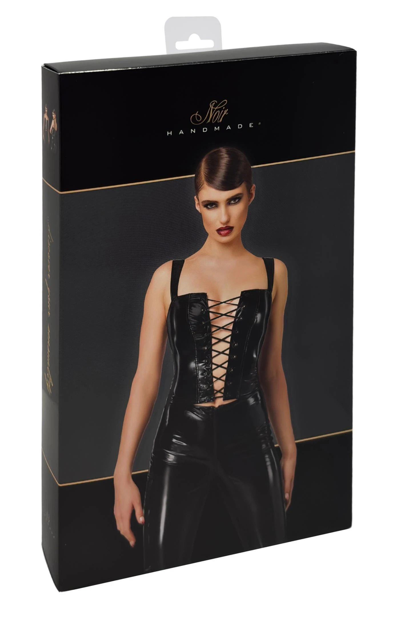 Dominae Lack Corset Top aus glänzend schwarzem Lack mit breiten Trägern, vorderer Schnürung und rückseitigem Reißverschluss für einen figurbetonten Look von Noir Handmade F379