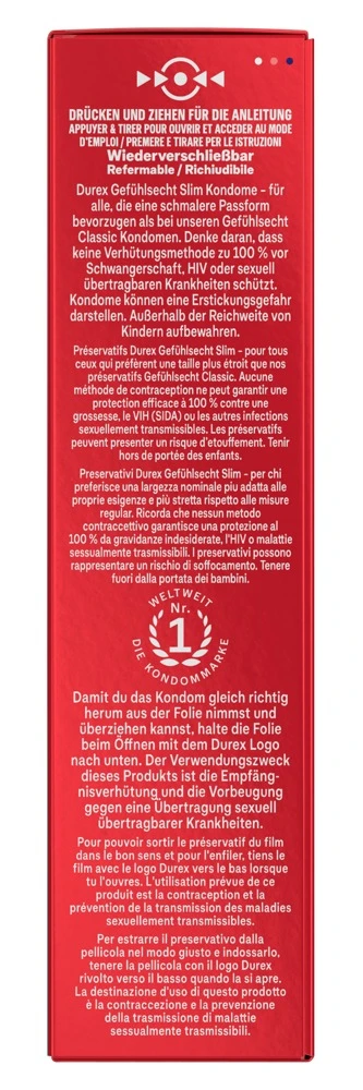 Durex Gefühlsecht Slim 10er, Grenzenlose Nähe spüren mit den Gefühlsecht Slim Kondomen von Durex extra schmal, hauchdünn und perfekt gleitend für echte Intimität