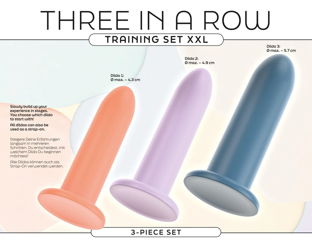 Three In A Row Training Set, Dildo-Set Three in a Row – 3 massive XL-Silikon-Dildos in Pastellfarben mit starkem Saugfuß, biegsam, flexibel und perfekt für erfahrene Nutzer:innen