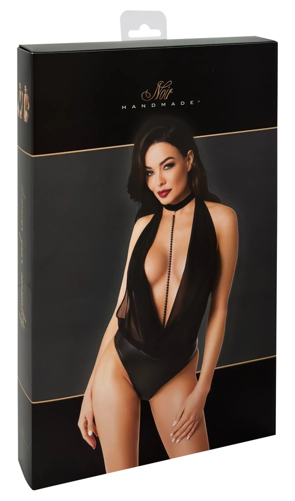 Noir Handmade Body aus Powerwetlook schimmerndem Powernet Oberteil, Perlenkette abnehmbar, Sexy Rückfrei