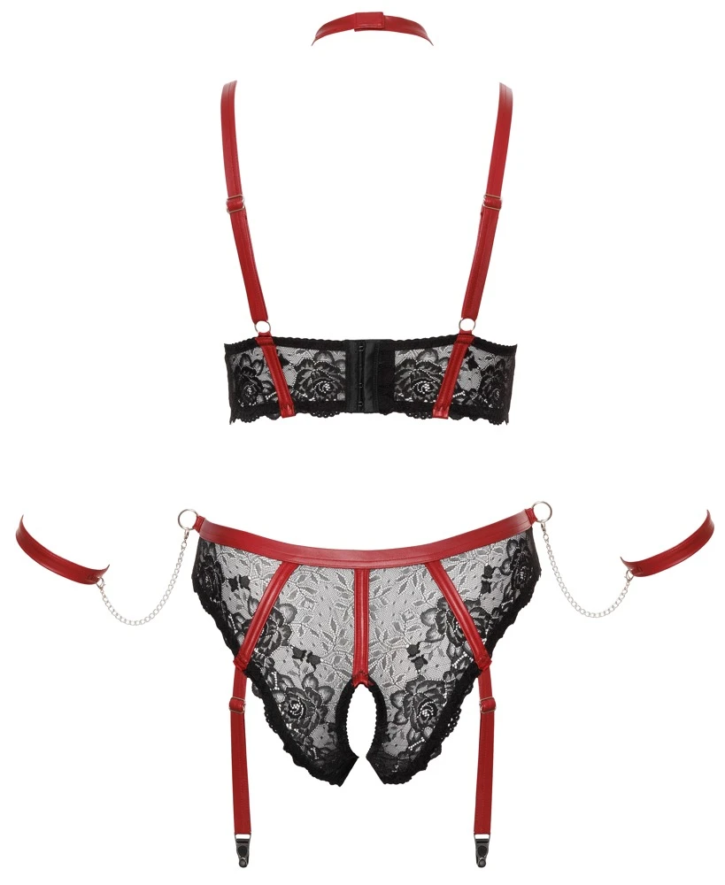 Cottelli Verführerisches Dessous-Set: Longline-BH und Straps-Slip mit Halsband und Fesseln