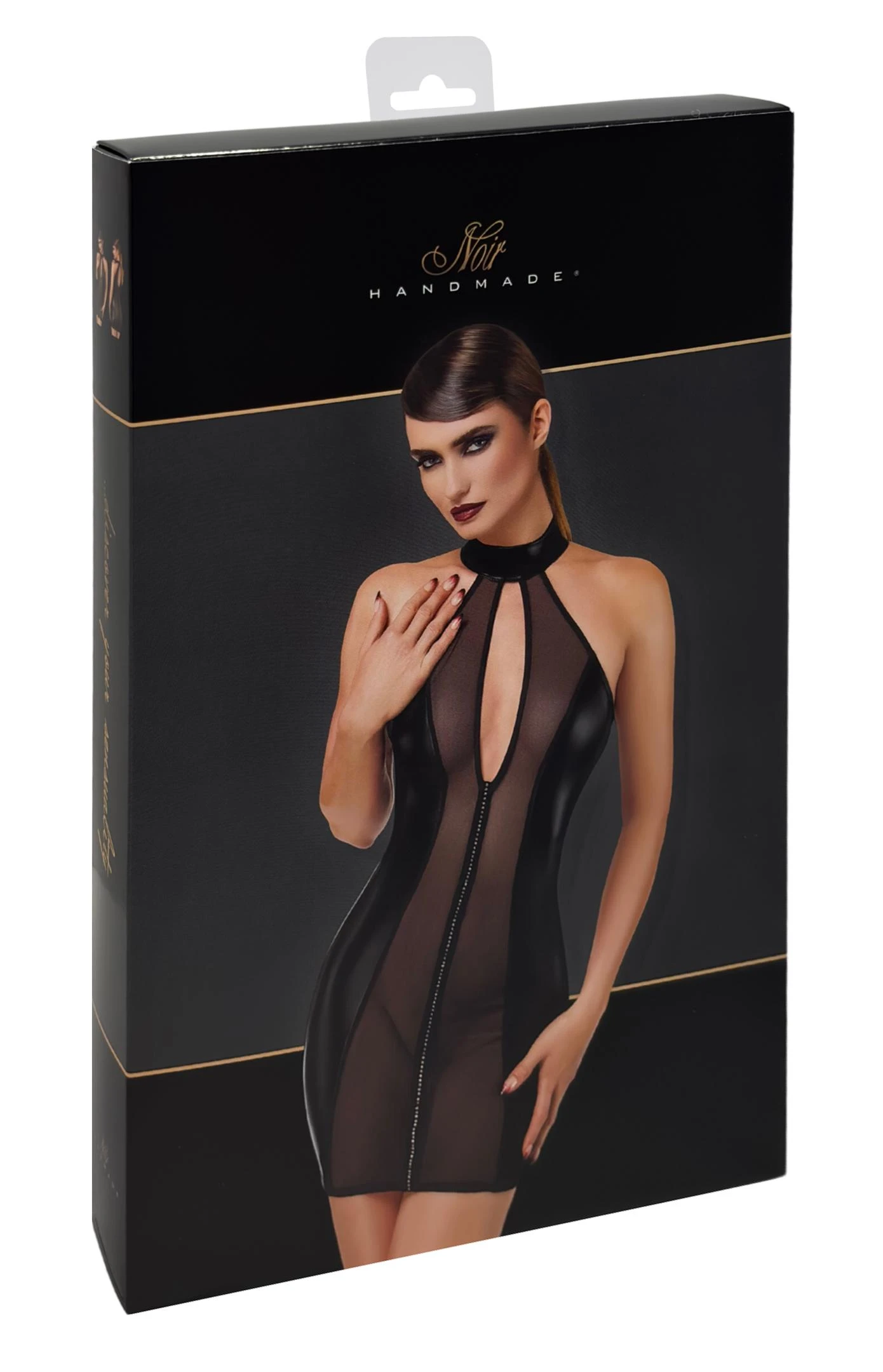 F370 Luxuria Crystal Sheer Kinky Minikleid von Noir Handmade – transparentes Netzdesign mit funkelnder Strasslinie, figurbetonendem Powerwetlook und hohem Kragen für einen ultra-sexy Look voller Glamour