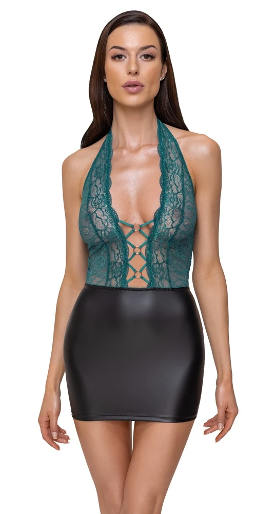 Cottelli LINGERIE Neckholder Kleid aus Spitze Mattlook Minirock schwarz/petrol