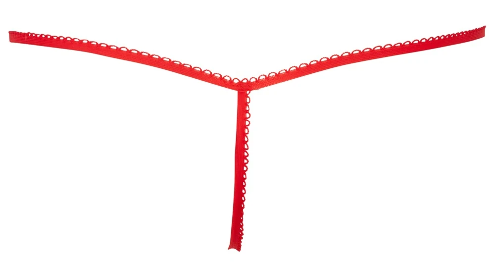 Roter String im Geschenk-Look aus streichelweichem Pannesamt mit weißen Satinbändern.