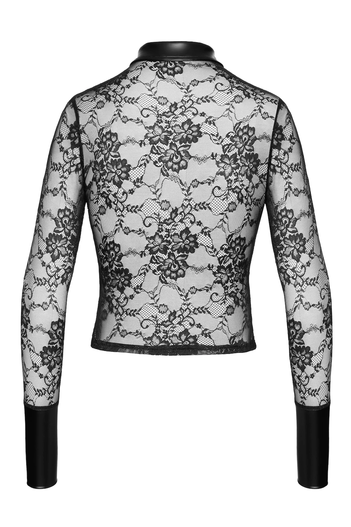 Noirelle Lace Button-up Shirt Noir Handmade F377 aus transparenter Spitze mit schwarzen Strass-Druckknöpfen, Powerwetlook-Kragen und breiten Manschetten für einen markanten, modernen Look