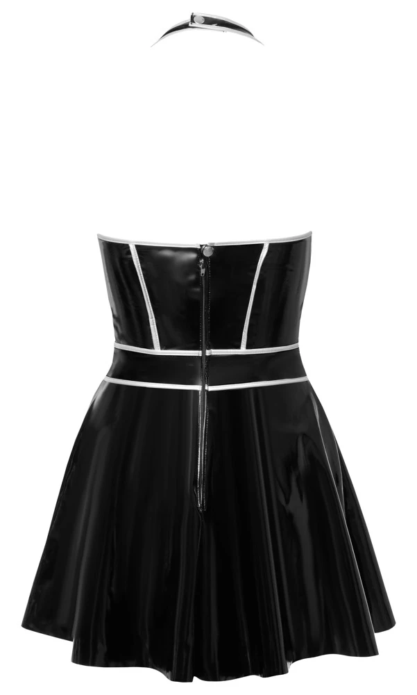 Kurzes Neckholder-Kleid von Black Level im schwarzen Lackglanz mit silberfarbenen Ziernähten in taillenbetonender Korsett-Optik.