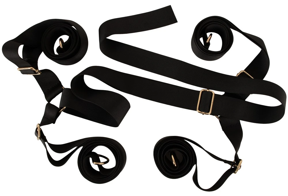 Bad Kitty Under Bed Restraint, Erotisches 6-teiliges Bettfessel-Set schwarz/rot Luxus Bondage Gurtkreuz 4-Punkt Fixierung mit Augenmaske verstellbar komfortabel