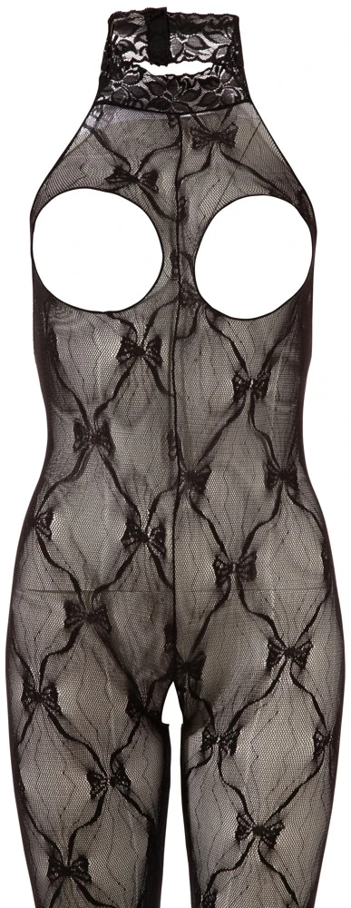 Busenfreier Catsuit aus anschmiegsamer Effekt-Spitze mit Neckholder, der per Klettverschluss zu öffnen ist.