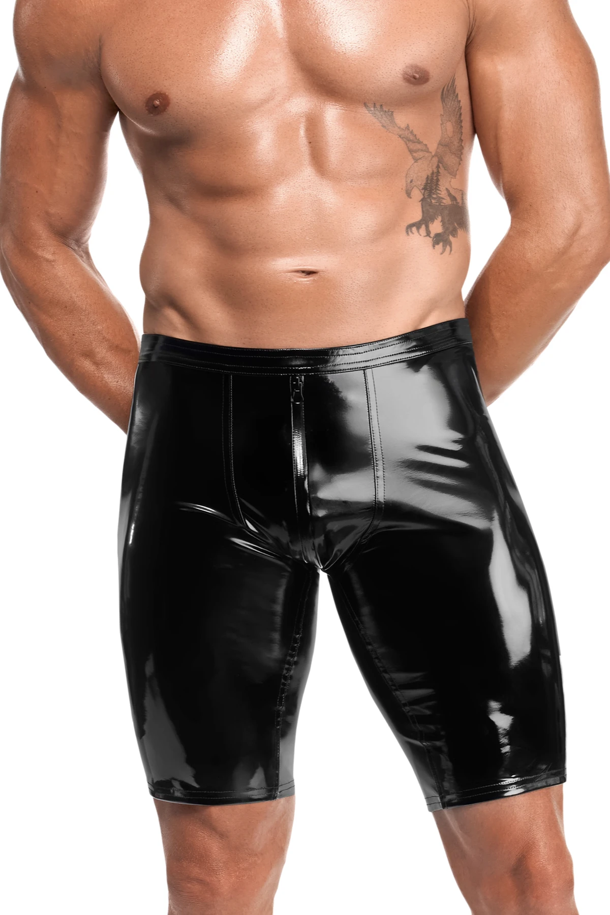 Schwarze Kinky Lack Shorts Voltage H094 – • dehnbares glattes Material • 2-Wege Reißverschluss • hochglänzende Biker-Passform • eng anliegend für maximale Bewegungsfreiheit von Noir Handmade Men