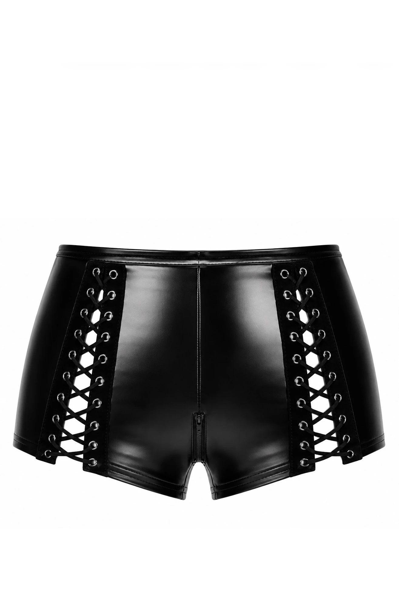 High-Waist-Shorts aus Powerwetlook - Noir Handmade F411 Do not Disturb - sexy in Schwarz mit aufregender Schnürung hinten