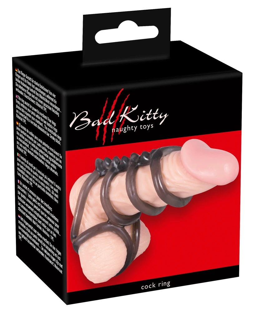 Rauchfarbener Penis-Hoden-Ring mit ingesamt sechs Ringen, die an einem genoppten Steg befestigt sind.