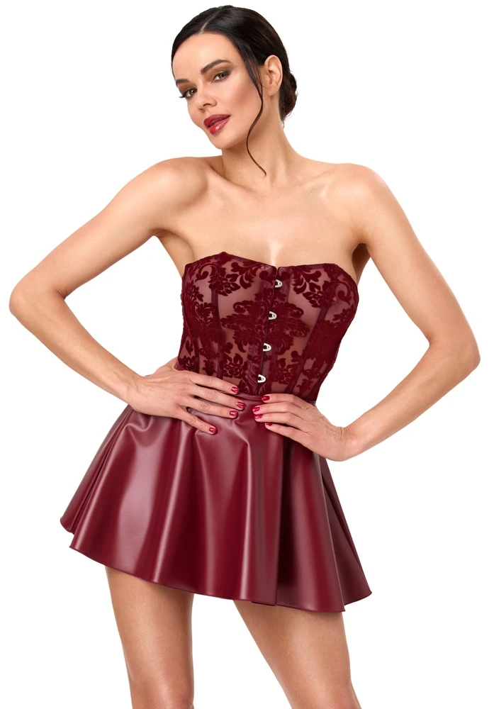 Noir Sexy trägerloses Corsagen-Minikleid in Burgunderrot mit Samtflockprint, Powerwetlook-Rock und raffinierter Zweiteiler-Optik