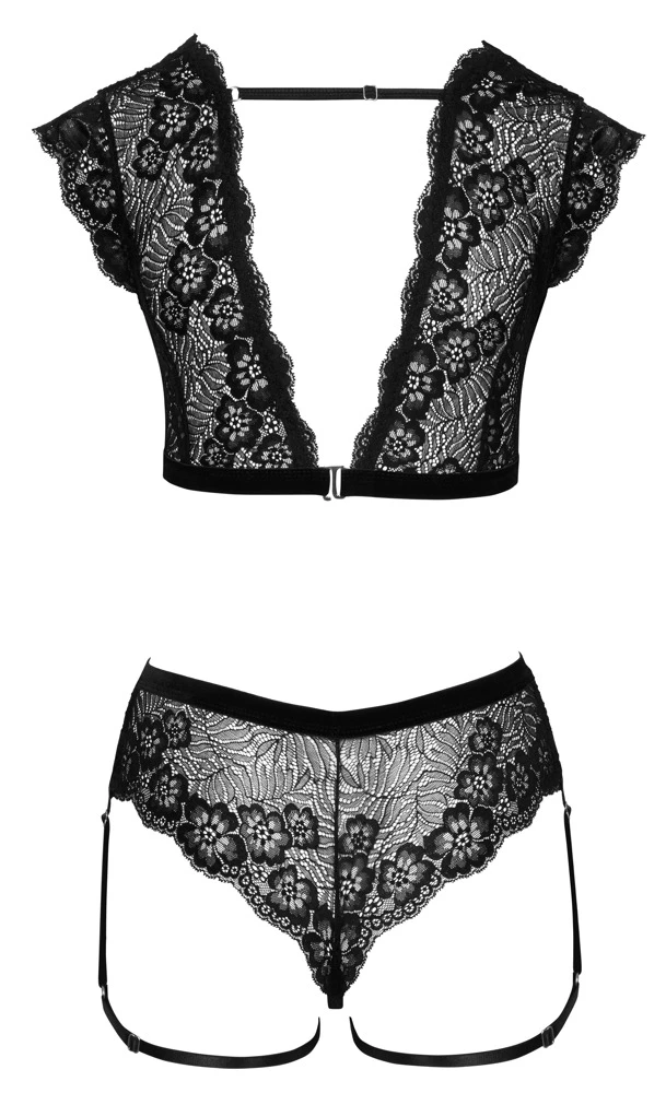 Cottelli LINGERIE Top & Slip ouvert im Set, Raffinierte Erotic Unterwäsche aus schwarzer Spitze