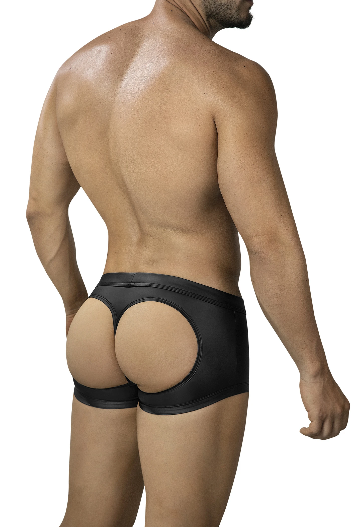 Schwarzer Split Exposure Trunk C4MRAV127 – Sexy Boxer Shorts mit offenem Po, breitem Bund & mattem Wetlook – CUT4MEN