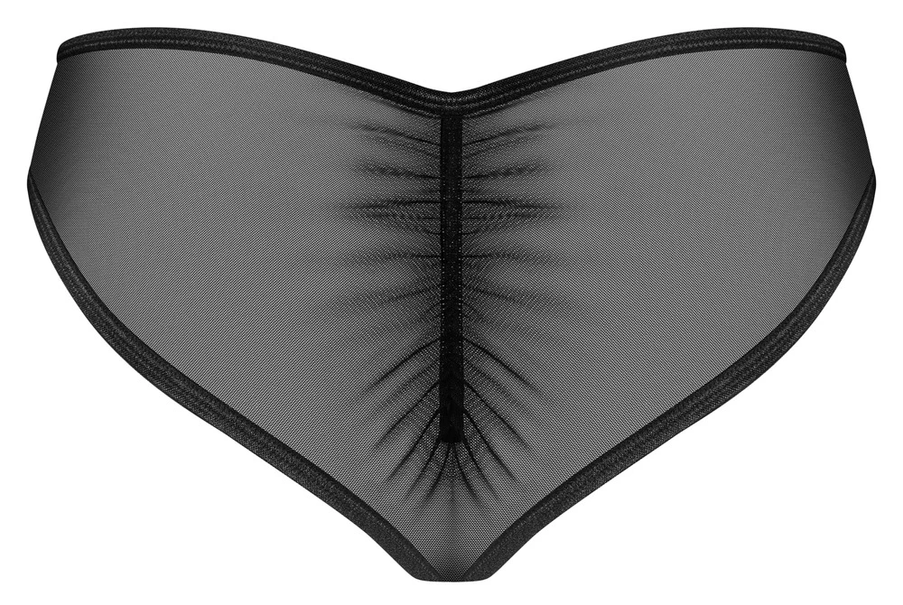 Obsessive Verführerisch geschnittener Slip in schwarzer Transparenz. Vorne mit aufwendigem Stickerei-Einsatz und kleinem Schmuckelement