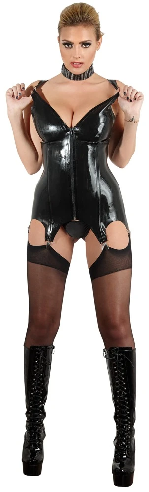 Tailliertes Latex-Strapshemd mit durchgehendem Front-Reißverschluss und 4 Strapshaltern in glänzenden schwarz.