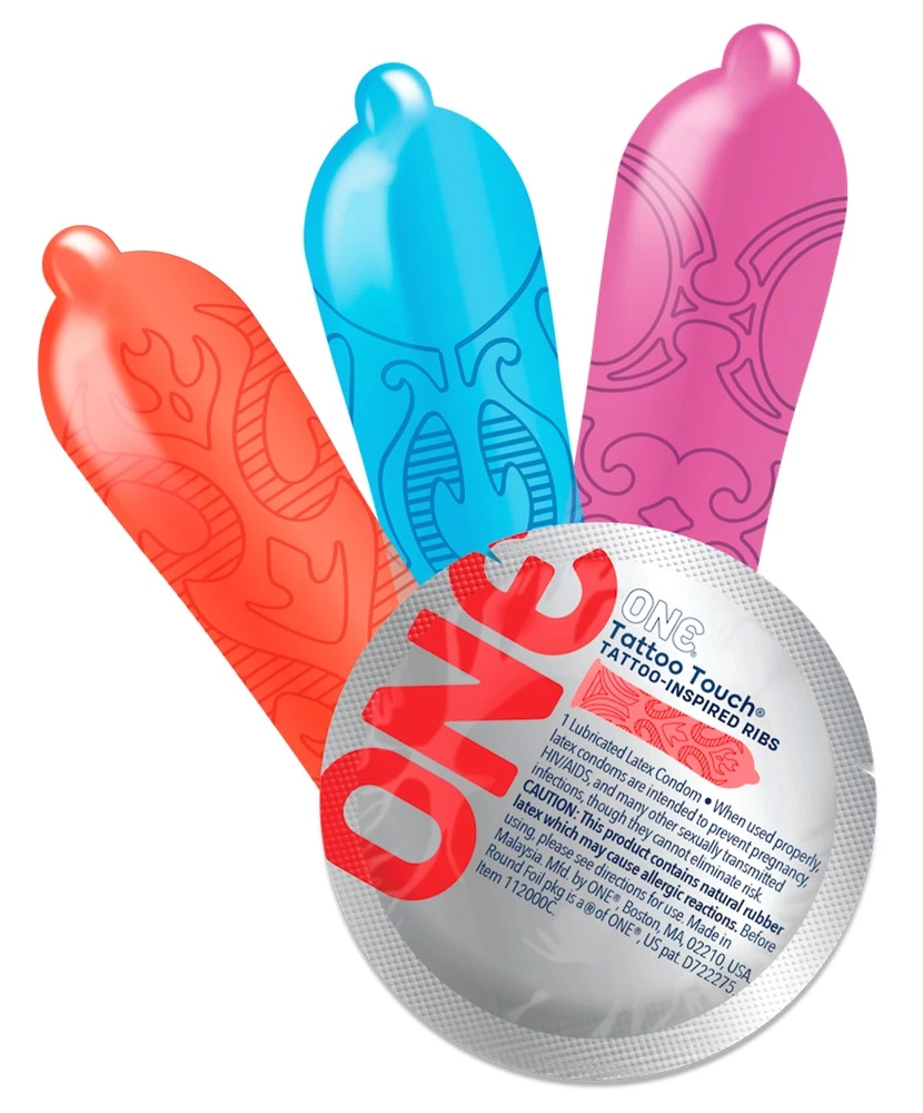 ONE Tattoo Touch 12er, ONE Tattoo Touch Kondome – farbige, vegane Kondome im coolen Tattoo-Design mit stimulierender Struktur, konturierter Passform und ultraweichem Sensatex-Latex für intensives Gefühl
