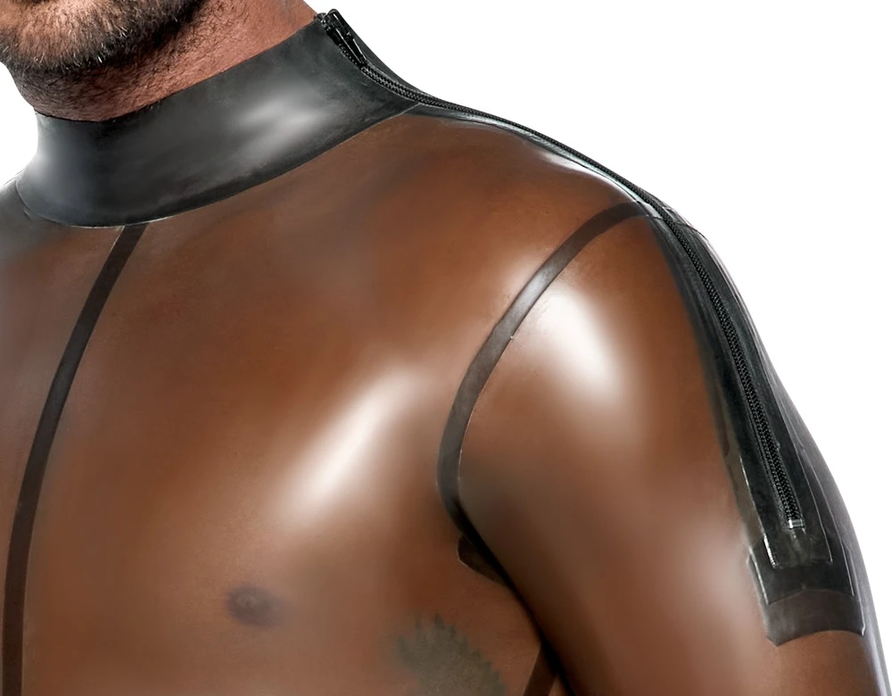 Latex Herren Overall,  in rauchgrauer Transparenz - hautenge Eleganz mit Schulterreißverschlüssen und praktischem Reißverschluss im Schritt