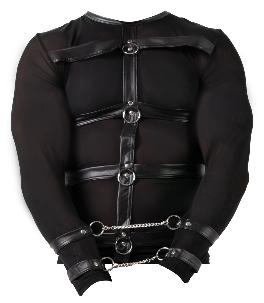 Langarm-Shirt von Svenjoyment Bondage aus elastischem weichem Powernet mit aufgestepptem und mit Ringen besetztem Harness vorne. Langarm-Shirt von Svenjoyment Bondage aus elastischem weichem Powernet mit aufgestepptem und mit Ringen besetztem Harness vorne.