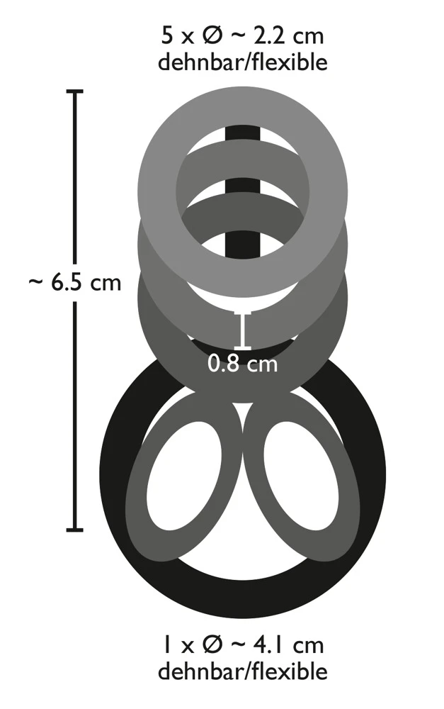 Rauchfarbener Penis-Hoden-Ring mit ingesamt sechs Ringen, die an einem genoppten Steg befestigt sind.