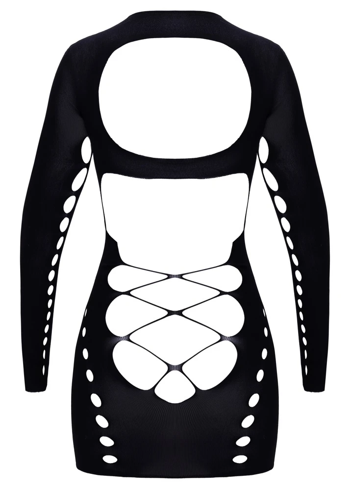 Schwarzes enges Langarm-Minikleid mit auffälligen Cut-outs, großem Front-Ausschnitt und Bändchen-Design über Dekolleté und Po, rückenfrei und figurbetont von Fantasy by Cottelli