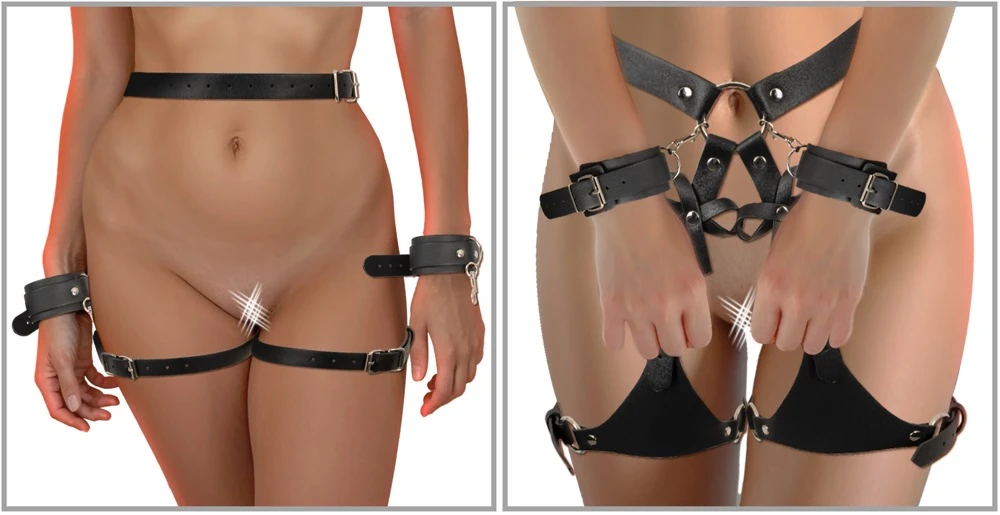 Bad Kitty Body Harness w Cuffs, Erotisches Hüftharness mit Handfesseln Lederlook Nieten Ringe verstellbar abnehmbare Cuffs dominanter Style