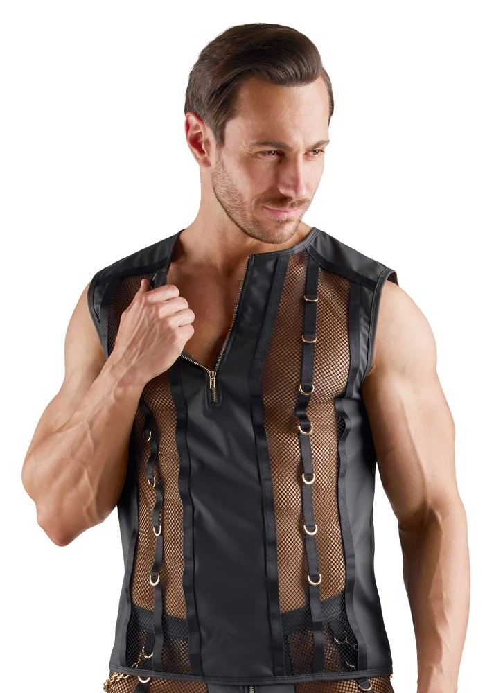 Sexy Netz-Shirt Herren schwarz mit Wetlook Mix und Reißverschluss vorne, elastisch mit auffälligen Ringen und körperbetonter Passform von Svenjoyment