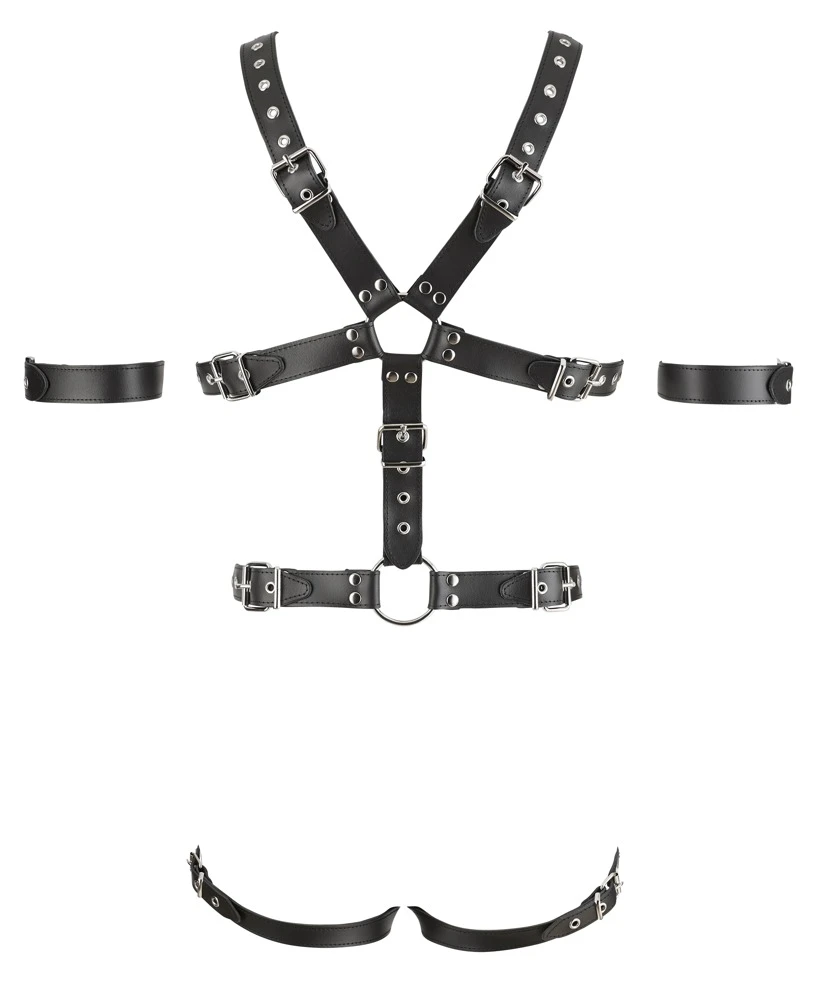 Robuster Einteiler von ZADO mit verstellbaren Leder-Riemen und 3 Metall-Ringen für Penis und Hoden.