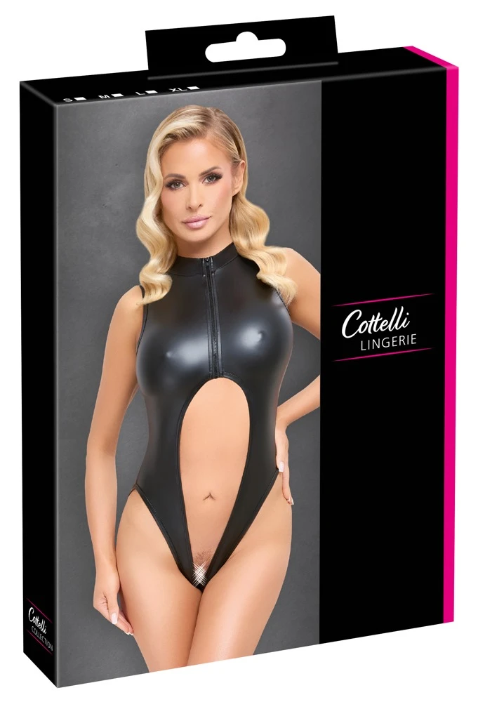 Cottelli LINGERIE Ärmeloser Body ouvert mit  Zip, hinten / vorne geöffnet aus schwarzen Mattlook