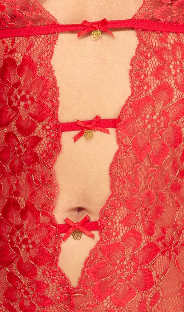 Verführerischer Straps-Body von kissable komplett aus feiner roter Spitze mit goldfarbenen Reflexen und Details.