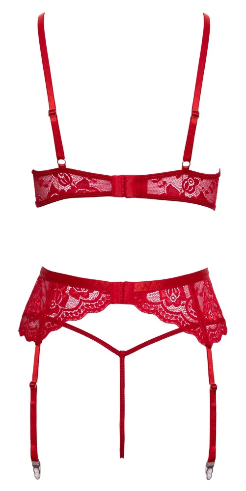 3-teiliges Straps-Set X-Mas von Cottelli LINGERIE aus roter Blütenspitze mit BH, Strapsgürtel, String und weißem Federbesatz an den Cups