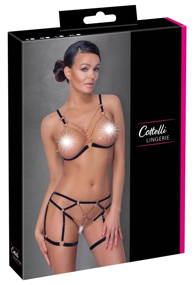 Cottelli LINGERIE Glamour BH und String Set mit elastischen Bändern und Roségoldfarbene Ketten