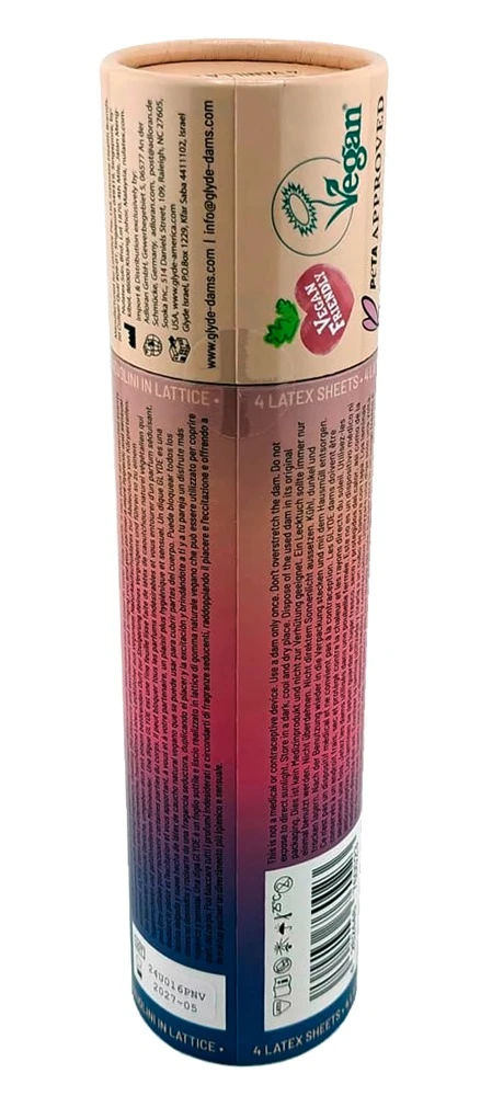 GLYDE Dams Lecktuch Vanille 4, Dams Vanilla vegane Lecktücher aus Latex mit Vanille-Aroma, hauchdünn und seidenweich für hygienischen Oralverkehr, großformatig 15 x 25 cm einzeln verpackt