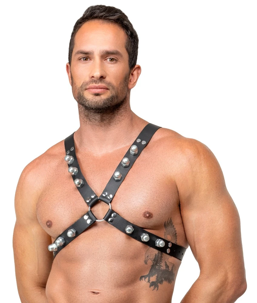 Le Herren Harness, ZADO X-Brustharness Leder schwarz mit Nieten Schnallen verstellbar robust markant starkes Design mit perfektem Sitz