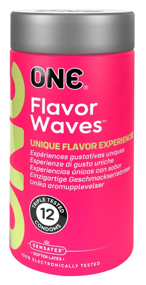 ONE Flavor Waves 12er, ONE Flavor Waves Kondome – Transparente, aromatisierte Kondome in 6 sexy Geschmacksrichtungen, ultraweiches Sensatex-Latex, Silikonöl-befeuchtet, vegan und zuckerfrei für intensiven Genuss