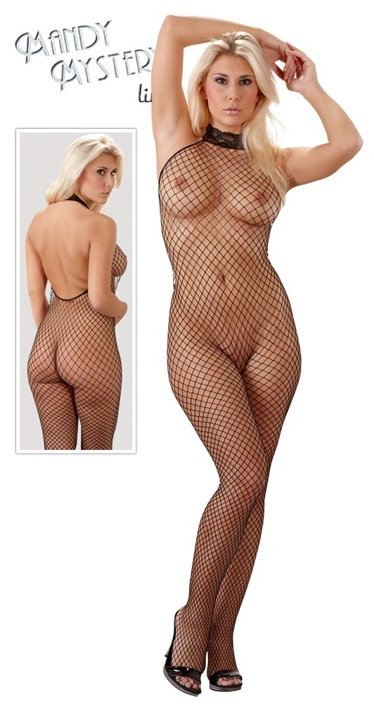 Hochgradig erregender Einteiler aus schwarzem Stretch-Netz mit Spitzen-Halsband. Im Schritt mit kleiner Lust-Öffnung.