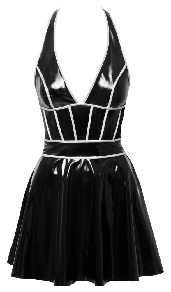Kurzes Neckholder-Kleid von Black Level im schwarzen Lackglanz mit silberfarbenen Ziernähten in taillenbetonender Korsett-Optik.