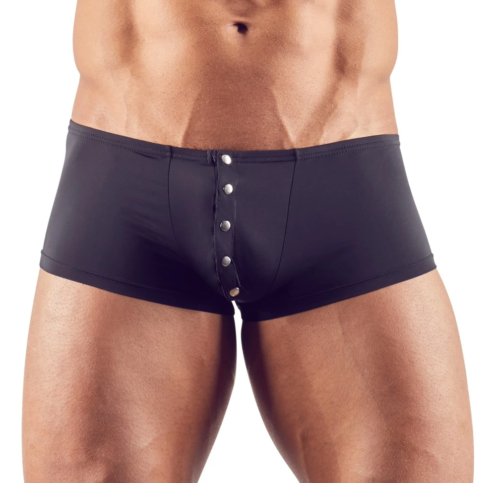 Leicht transparente, elastische Pants mit silberfarbener Druckknopfleiste und eingefasstem Bündchen in schwarz.